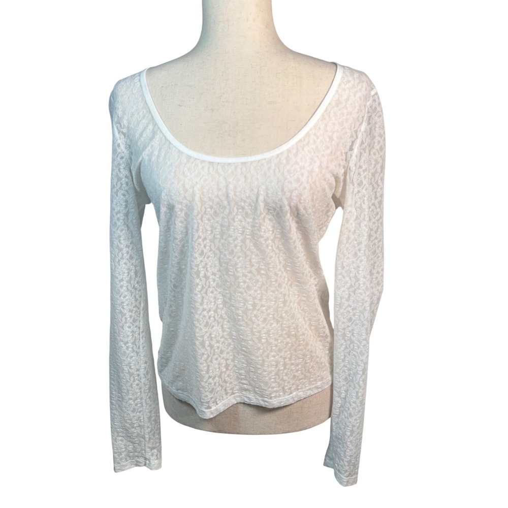 Wilfred Aritzia White Floral Lace Sheer Layering Top Long Sleeve Large